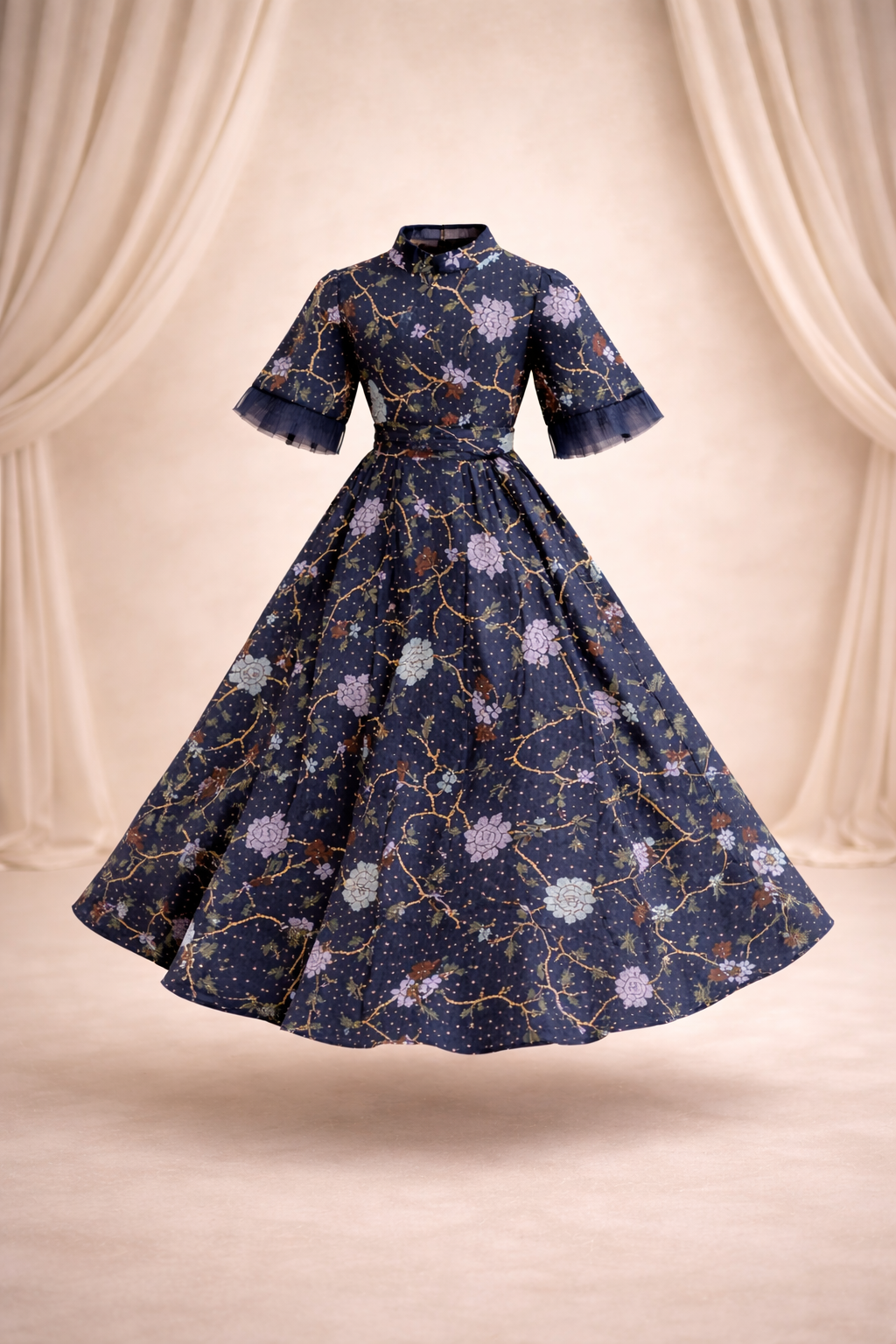 kids blue floral lace dress with funnel sleeves