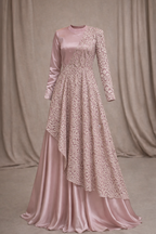 Blush Pink satin dress with lace drape and straight sleeves