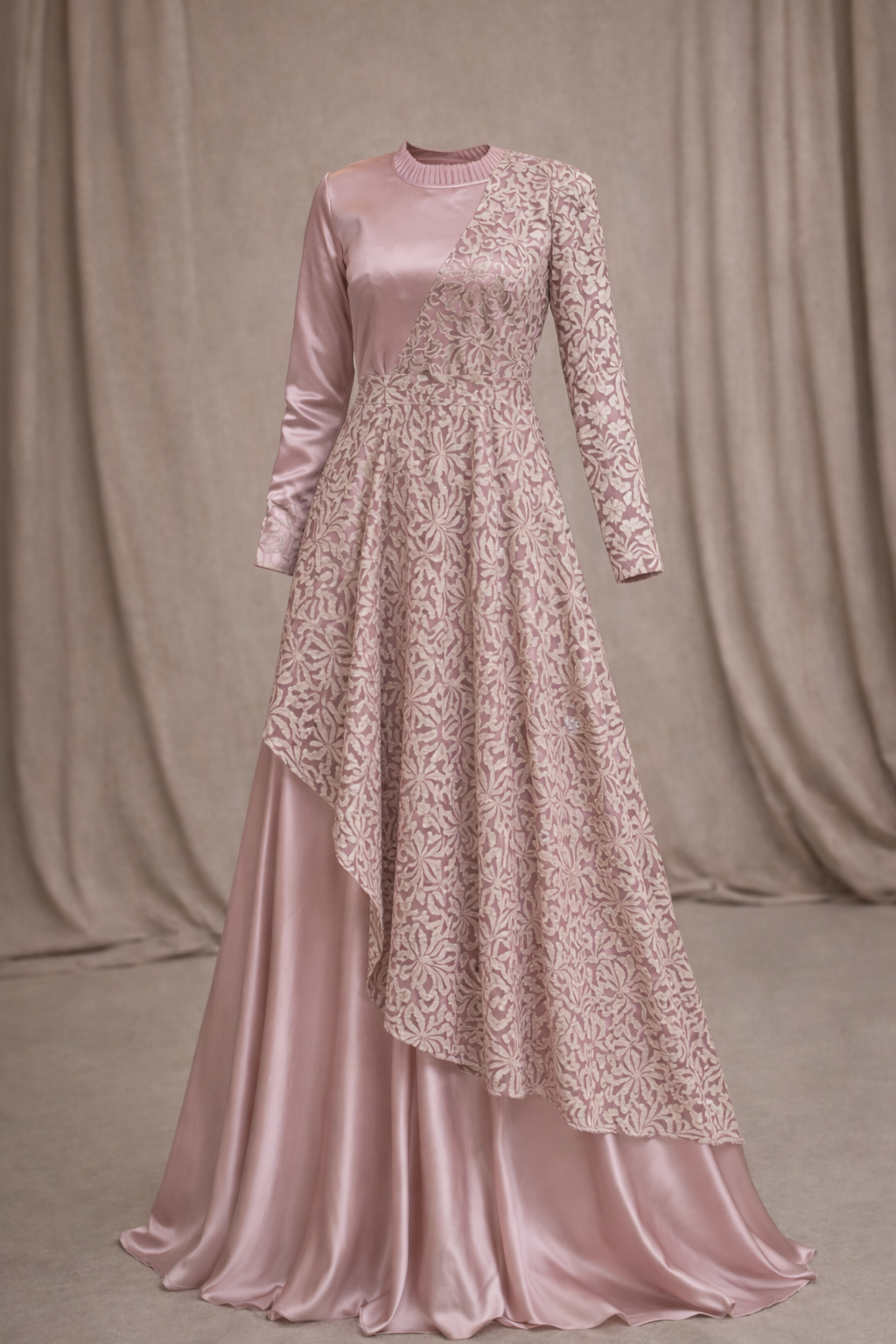 Blush Pink satin dress with lace drape and straight sleeves