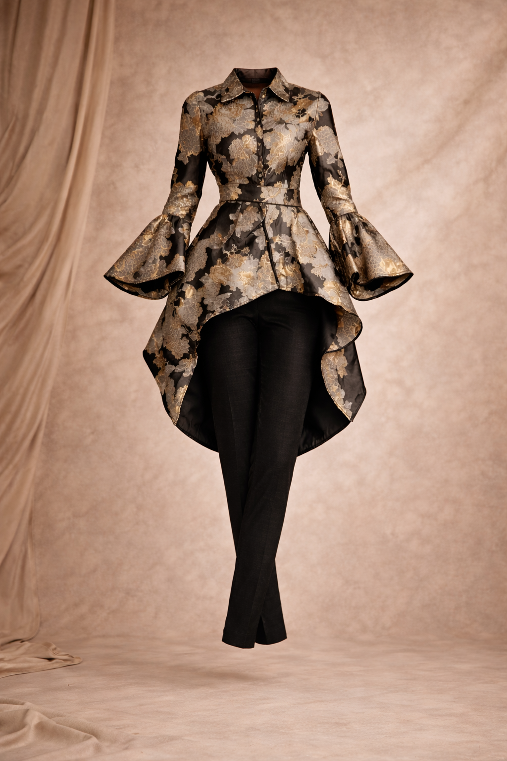 Black with accents of gold and silver Jacquard asymmetrical jacket with straight pants and bell sleeves