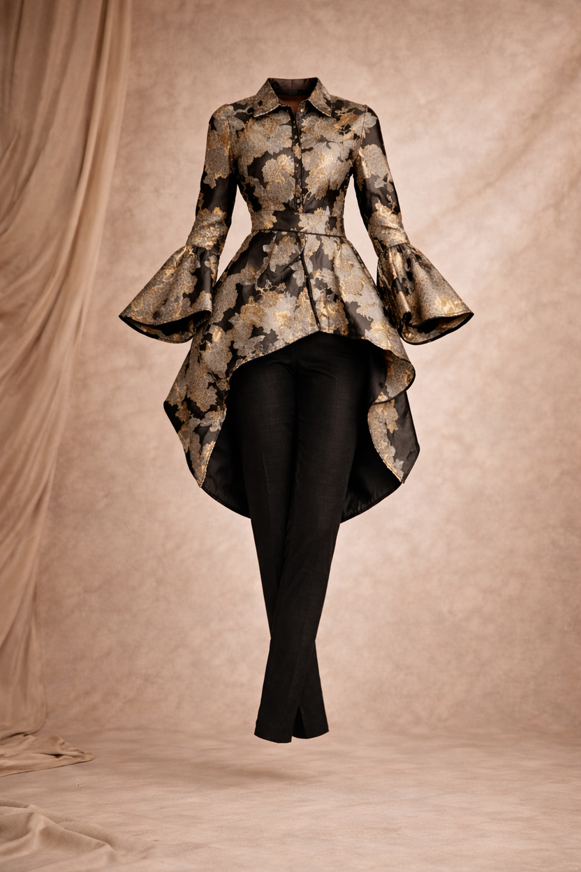 Black with accents of gold and silver Jacquard asymmetrical jacket with straight pants and bell sleeves