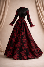 Black structured satin gown with deep burgundy motif and straight sleeves | Pre-order