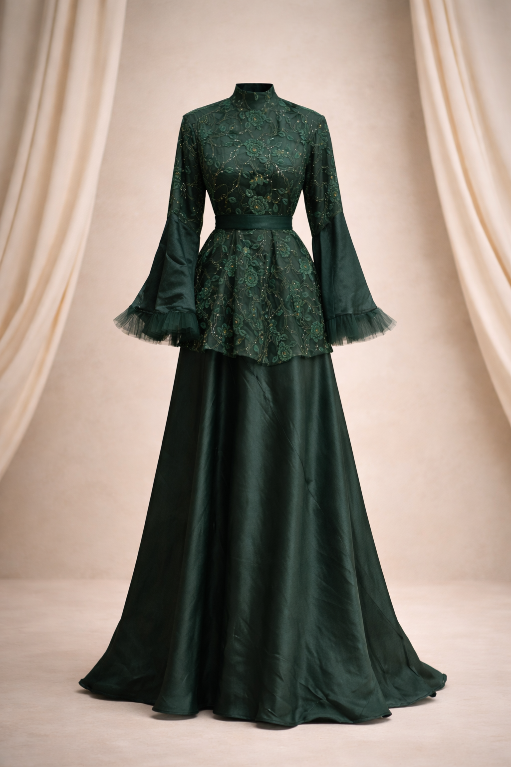 Green embroidered peplum gown with bell sleeves