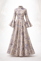 White and violet Embellished Jacquard gown with bell sleeves - Pre-Order