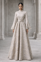Gray Jacquard gown with bell sleeves with double frill