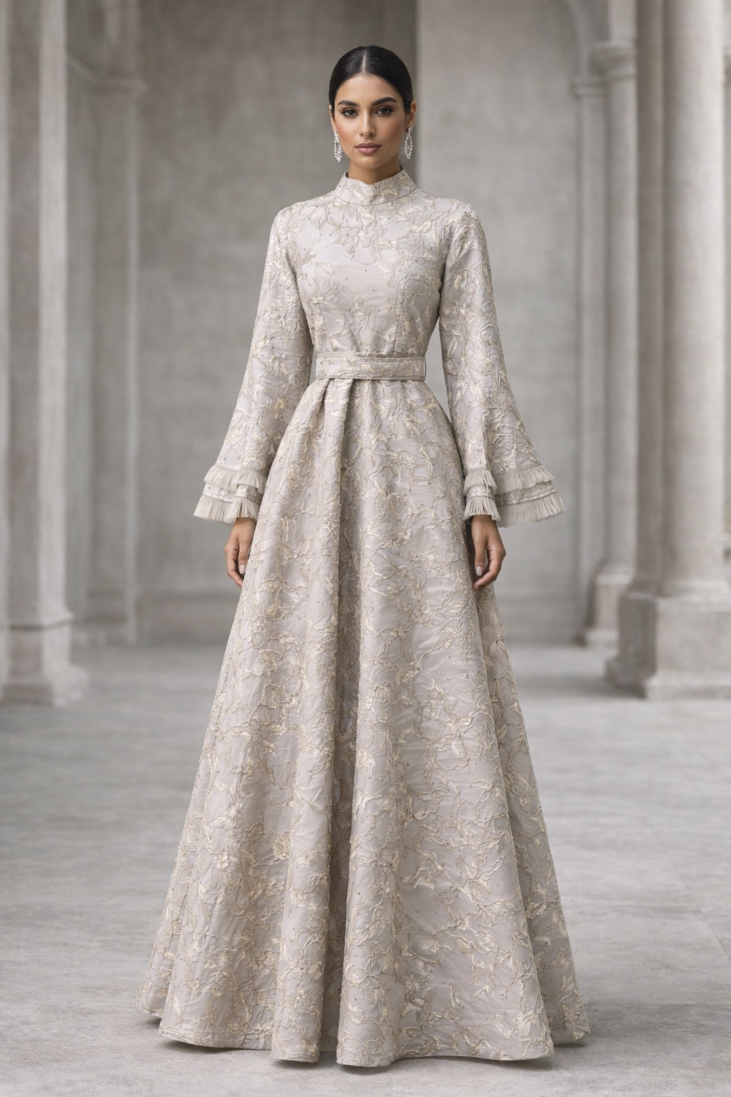 Gray Jacquard gown with bell sleeves with double frill