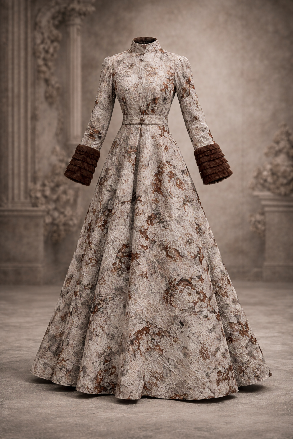 Off White and brown jacquard gown with straight sleeves with net Ruffles | Pre-Order