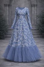 Blue with white flower pattern Jacquard gown with straight sleeves and lace tulle - Pre Order