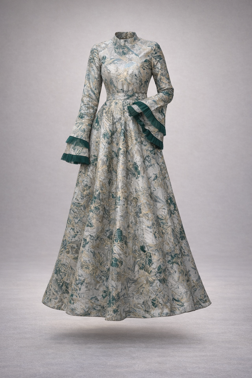 R85 Jacquard Gown with Bell Sleeves and Double Frill