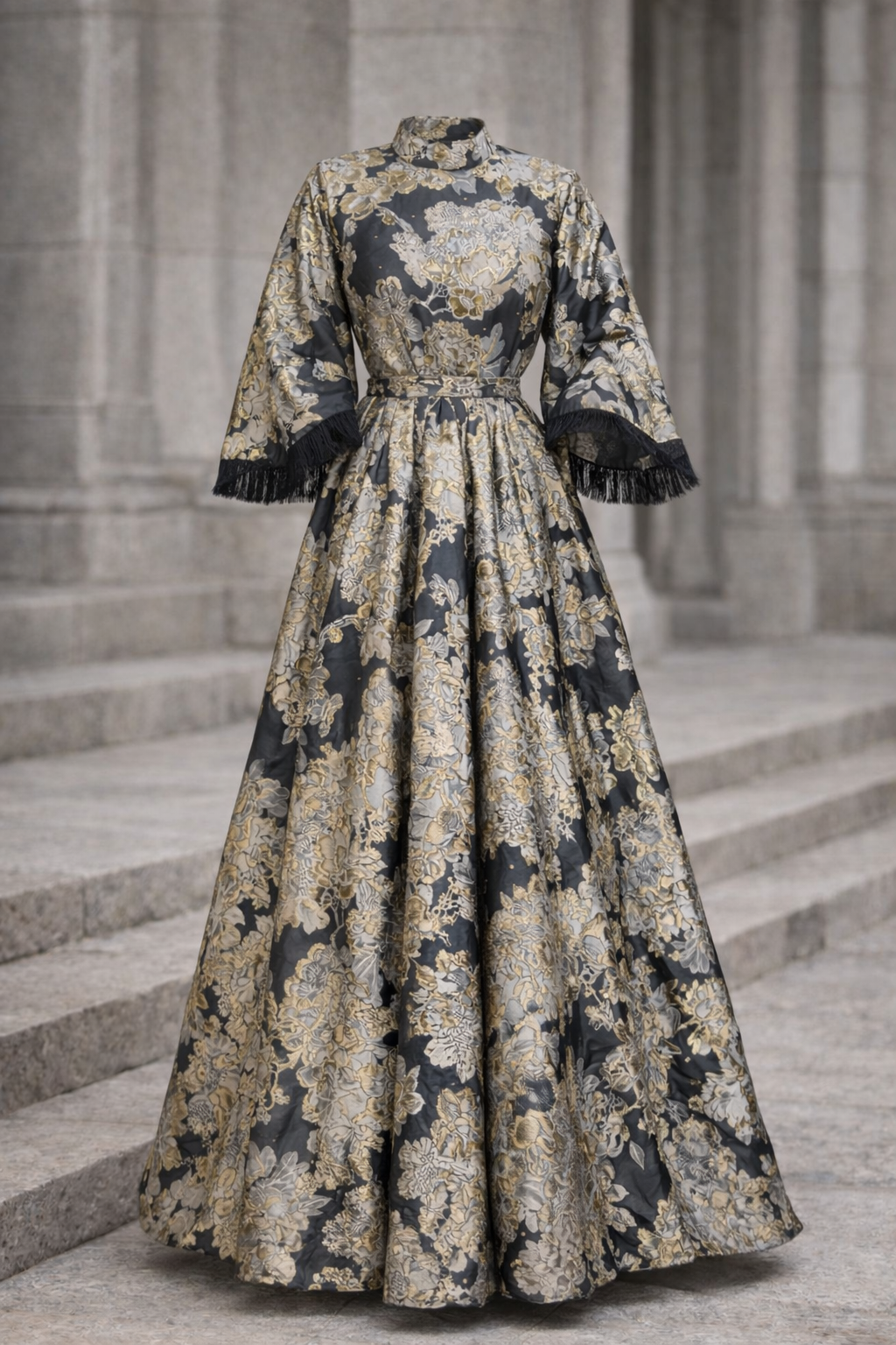 Midnight Bloom Marble Embellished Jacquard Gown | Pre-Order