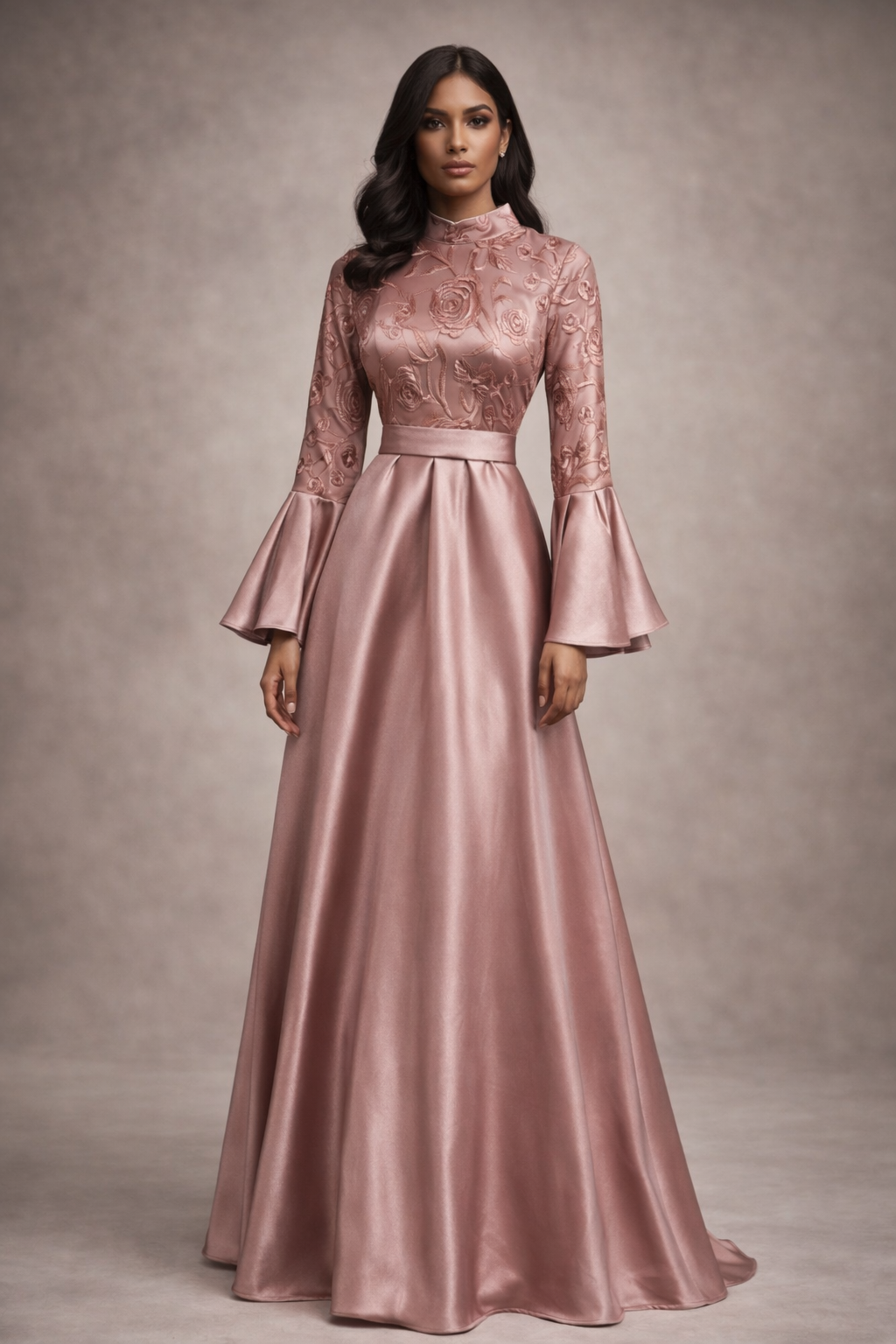 Pink satin gown with bell sleeves