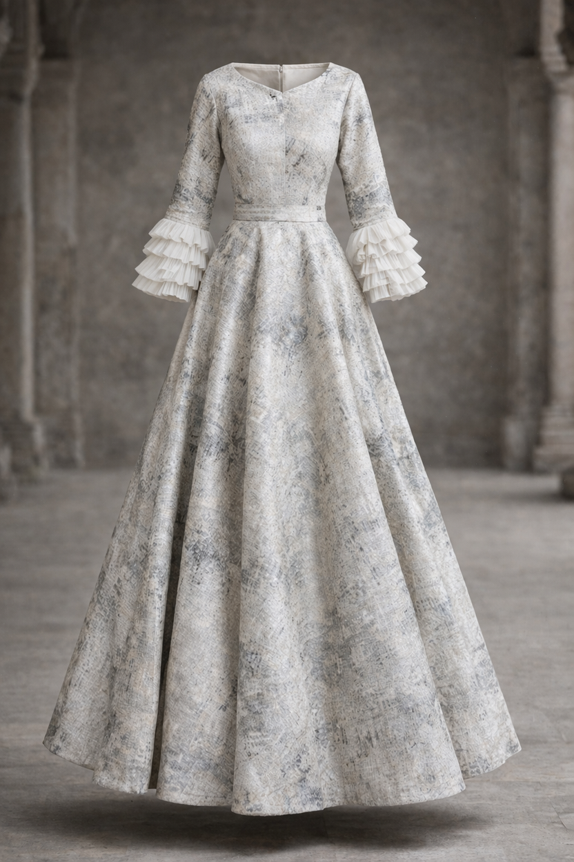 White with gray jacquard gown with a hint of silver with straight Ruffled sleeves