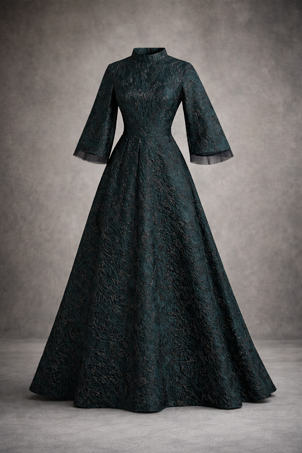 Green Jacquard gown with black accents and funnel sleeves