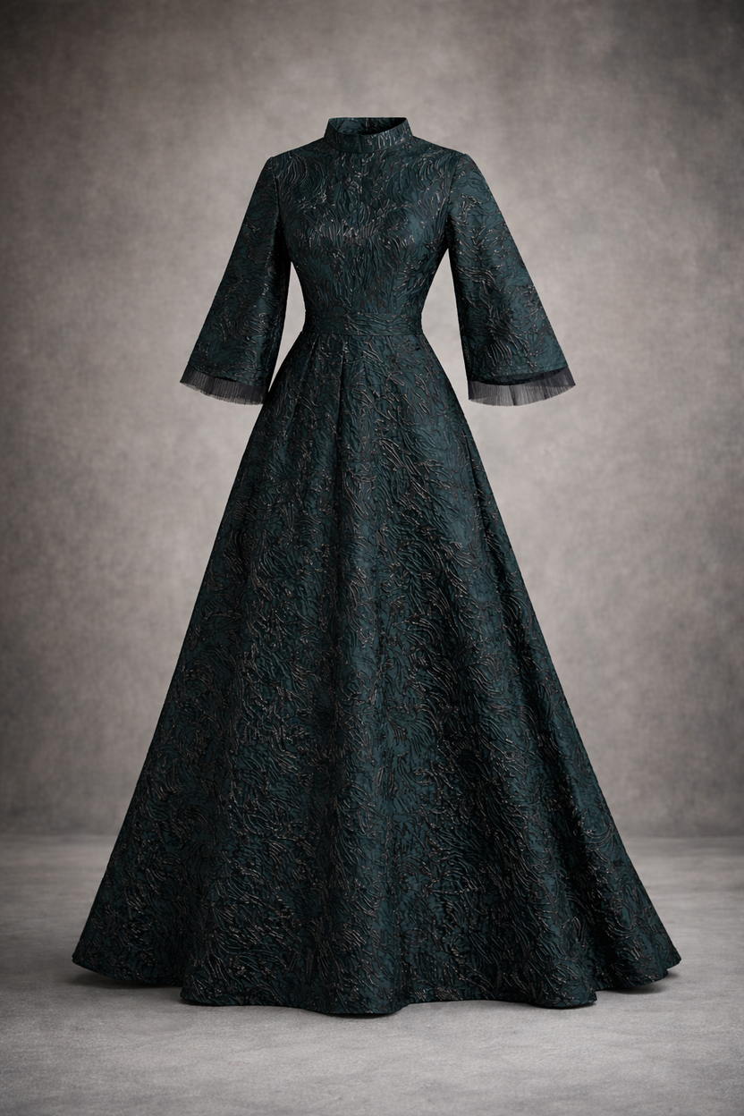 Green Jacquard gown with black accents and funnel sleeves
