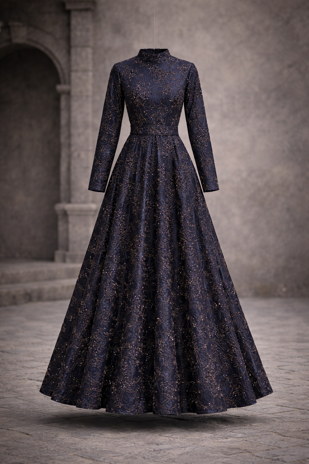 Blue embellished jacquard gown with gold embroidery and straight sleeves