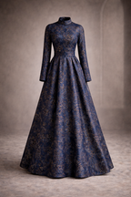 Blue gracia jacquard gown with gold accents and straight sleeves non-embellished - Pre Order