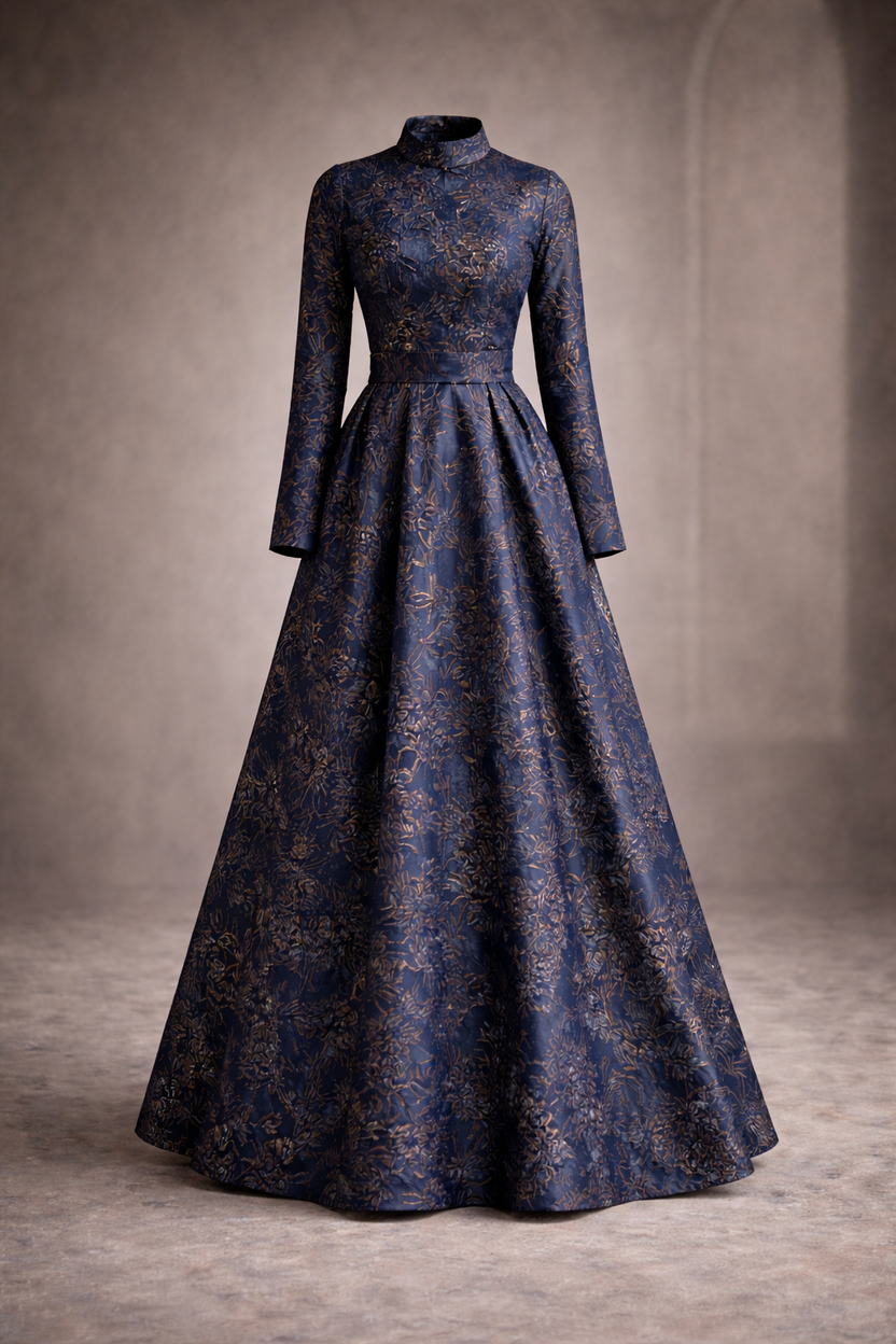 Blue gracia jacquard gown with gold accents and straight sleeves non-embellished - Pre Order