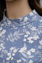 Blue floral jacquard gown with bell sleeves
