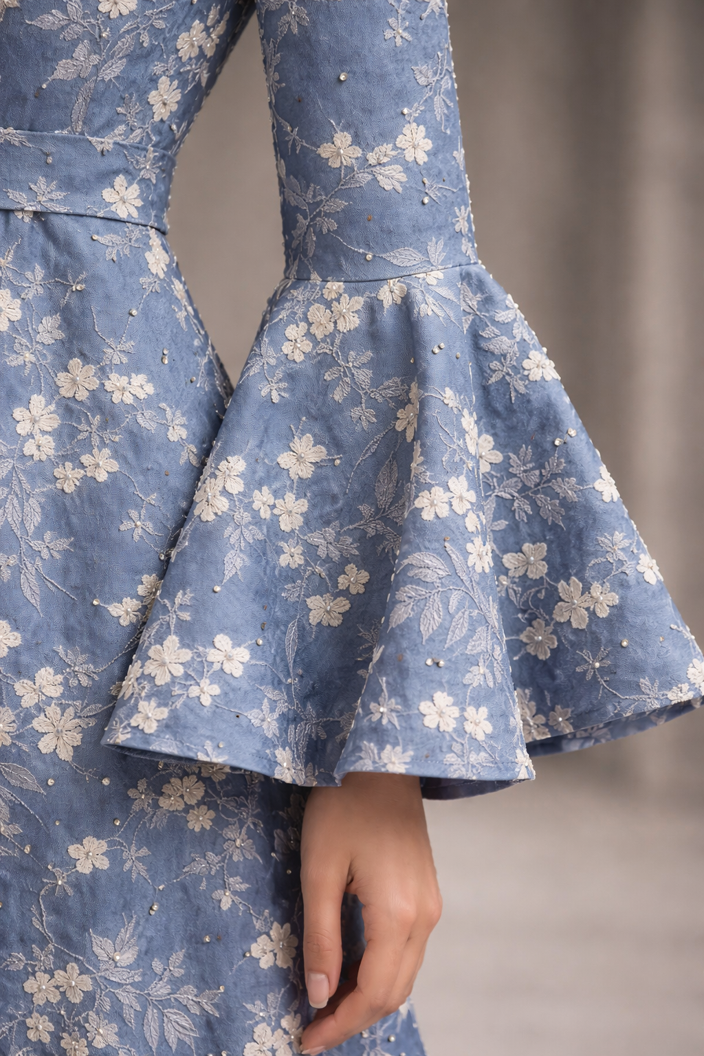 Blue floral jacquard gown with bell sleeves