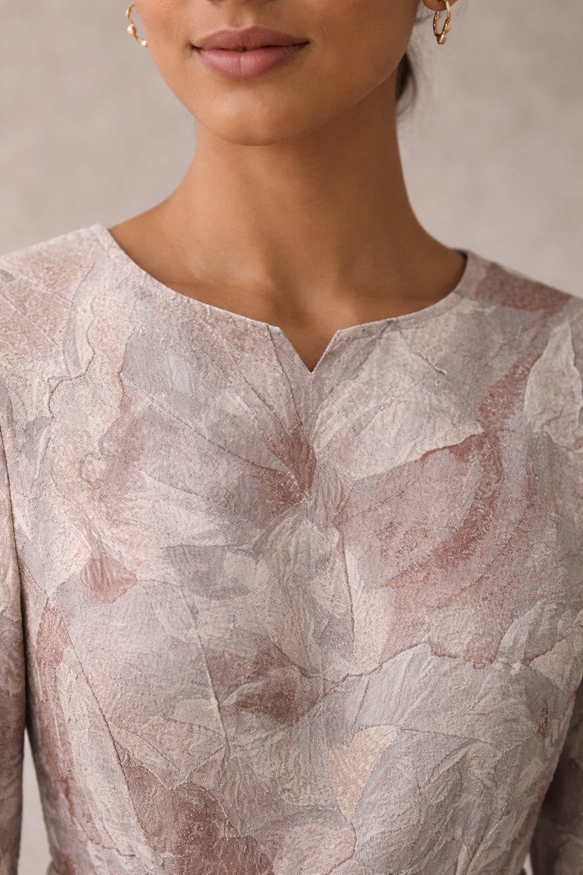 Soft blush pink jacquard gown with funnel sleeves