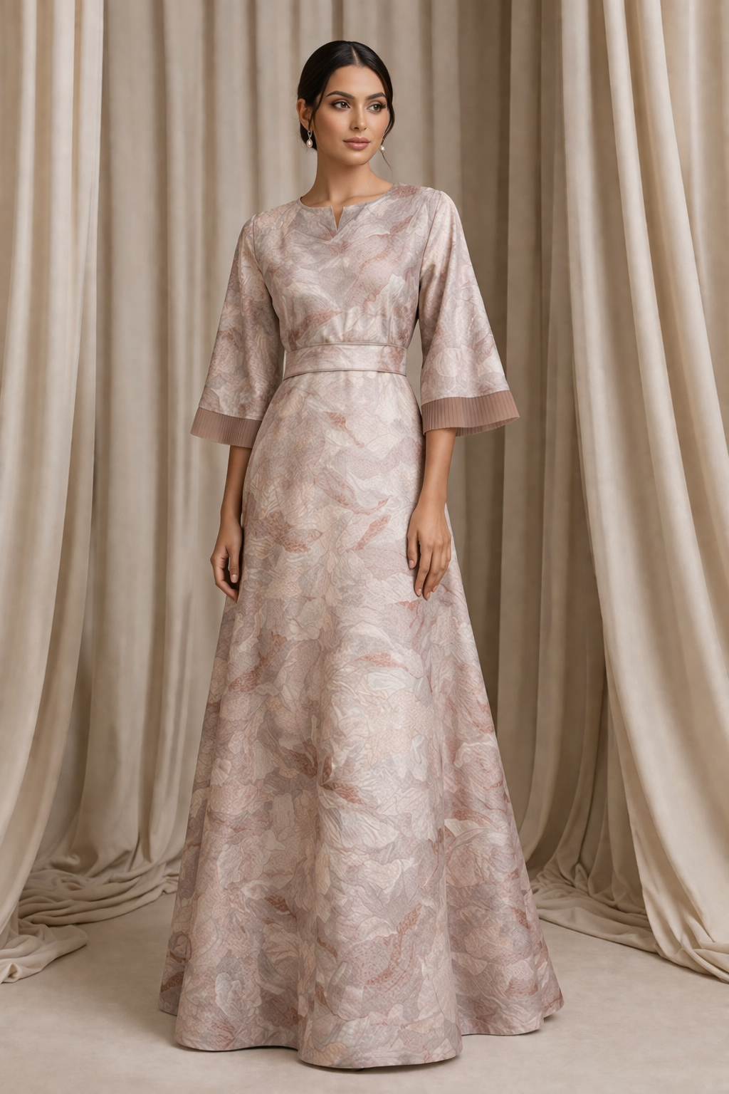 Soft blush pink jacquard gown with funnel sleeves