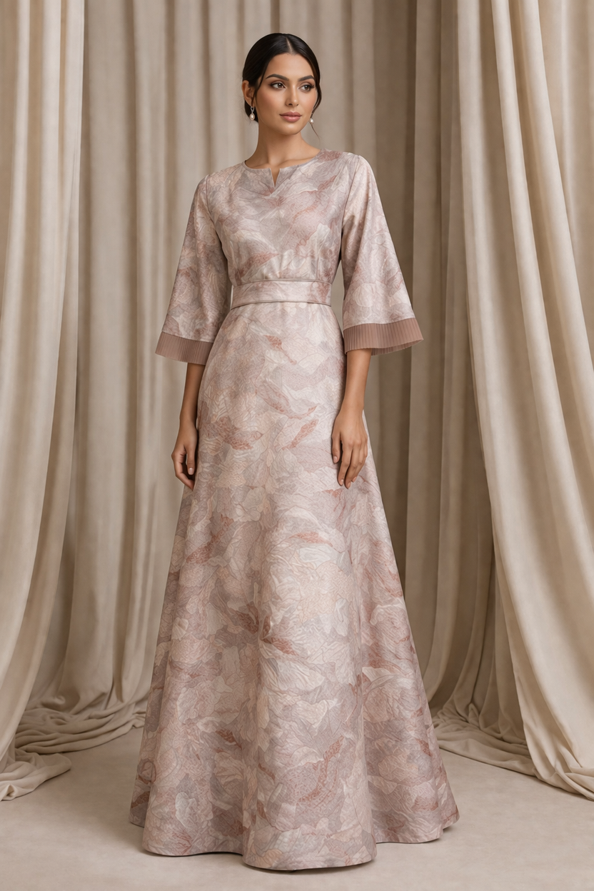 Soft blush pink jacquard gown with funnel sleeves