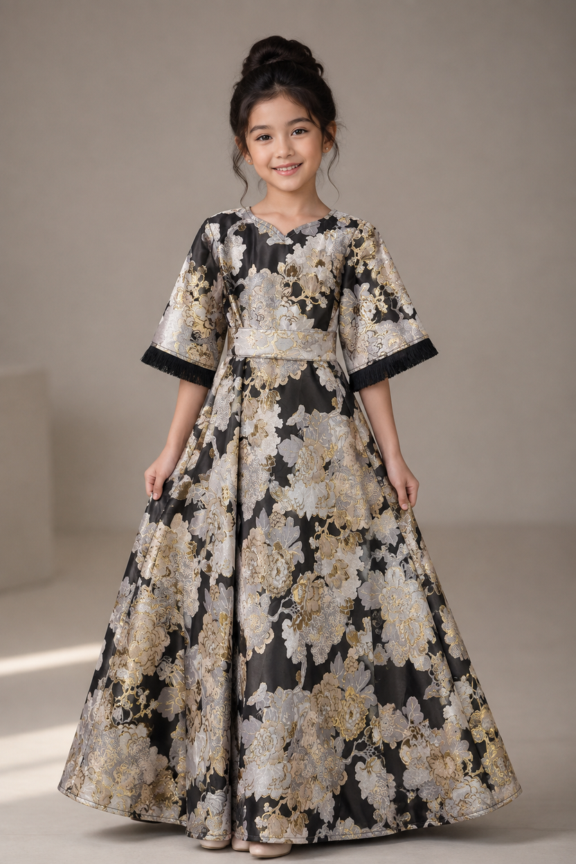 Kids black marble dress with funnel sleeves | Pre-order