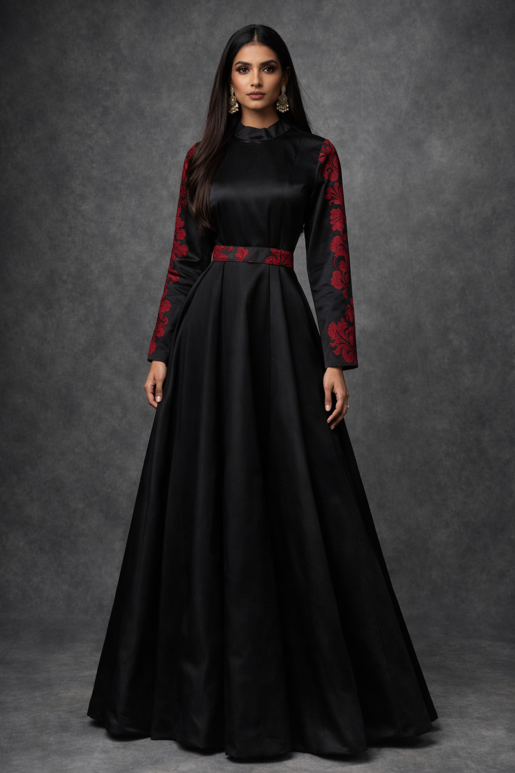 Black satin dress with red floral embroidery on the sleeves - Pre Order