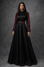 Black satin dress with red floral embroidery on the sleeves - Pre Order