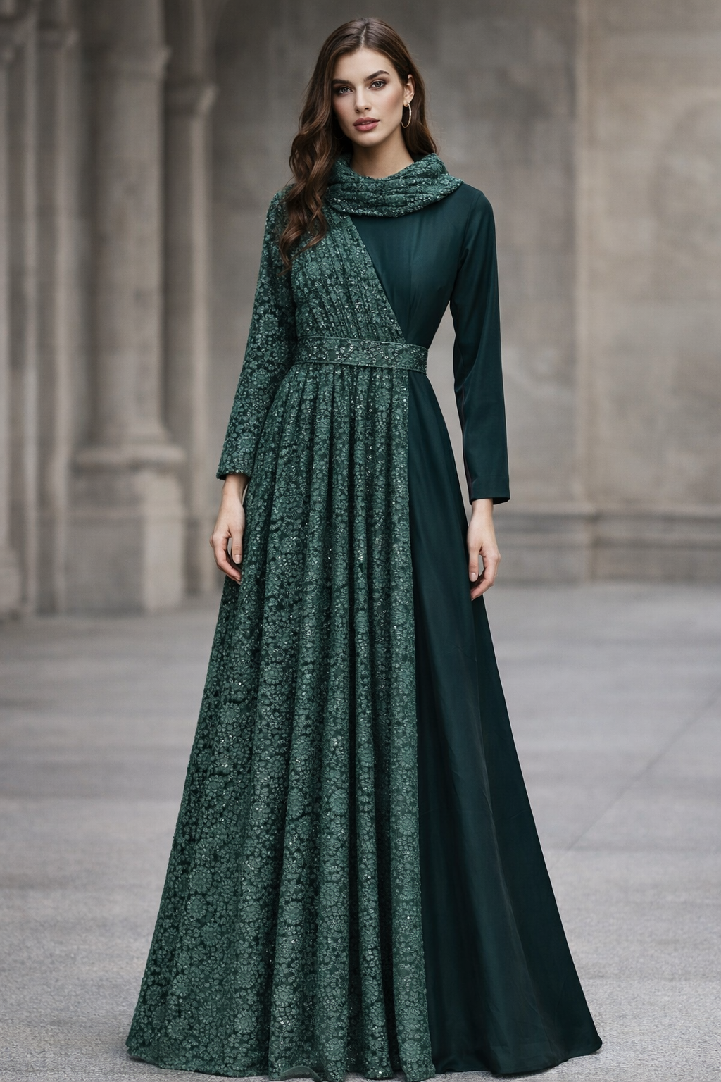 Green Taffeta Silk with lace drap and straight sleeves