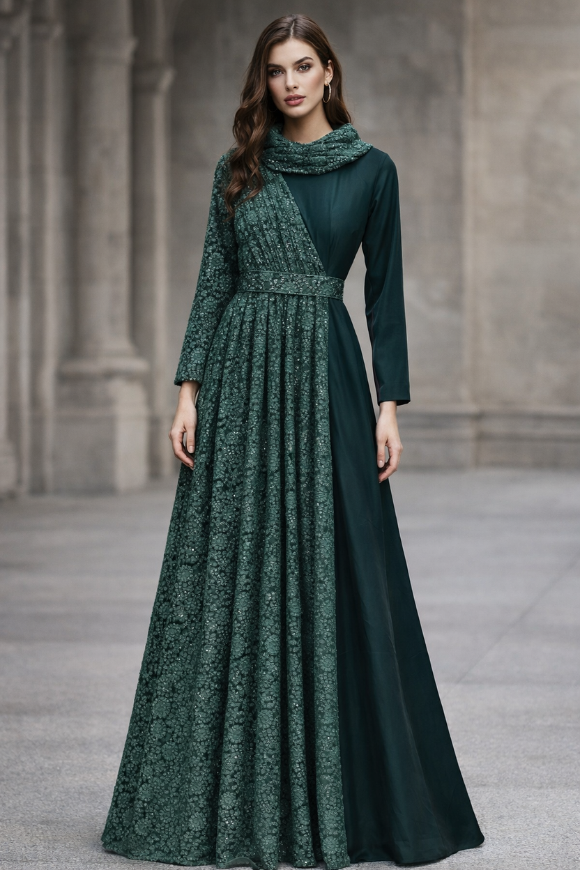 Green Taffeta Silk with lace drap and straight sleeves | Pre-order
