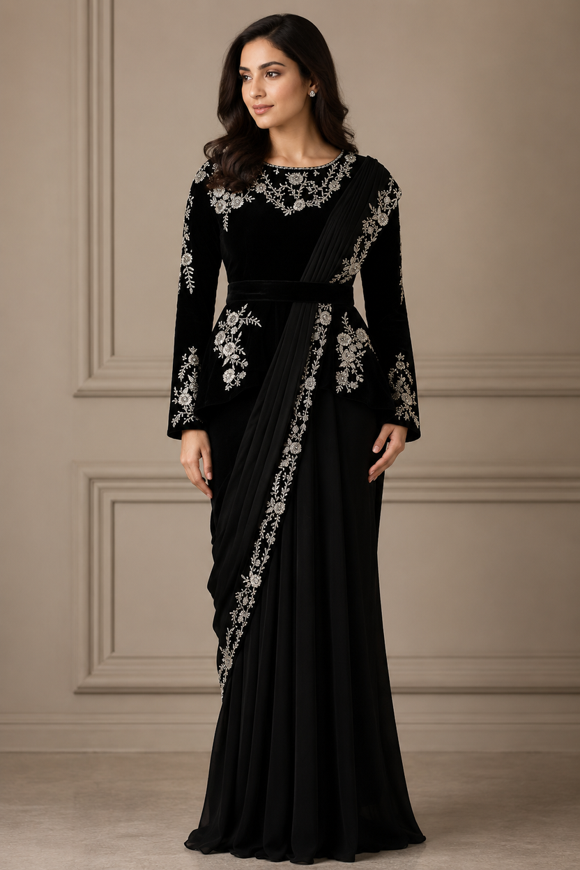 Black saree dress with straight sleeves | Pre-order