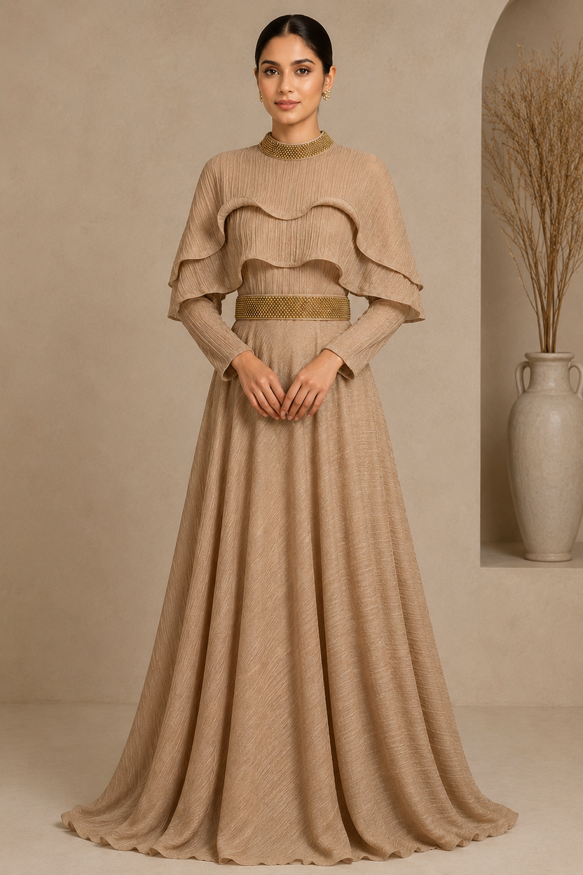 Savana Beige dress with layered cape bodice | Pre-order