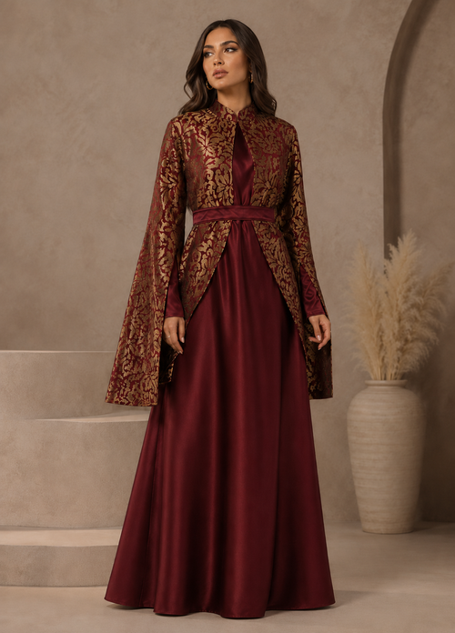 Aisha gold jacket with burgundy satin dress and statement sleeves | Pre-Order