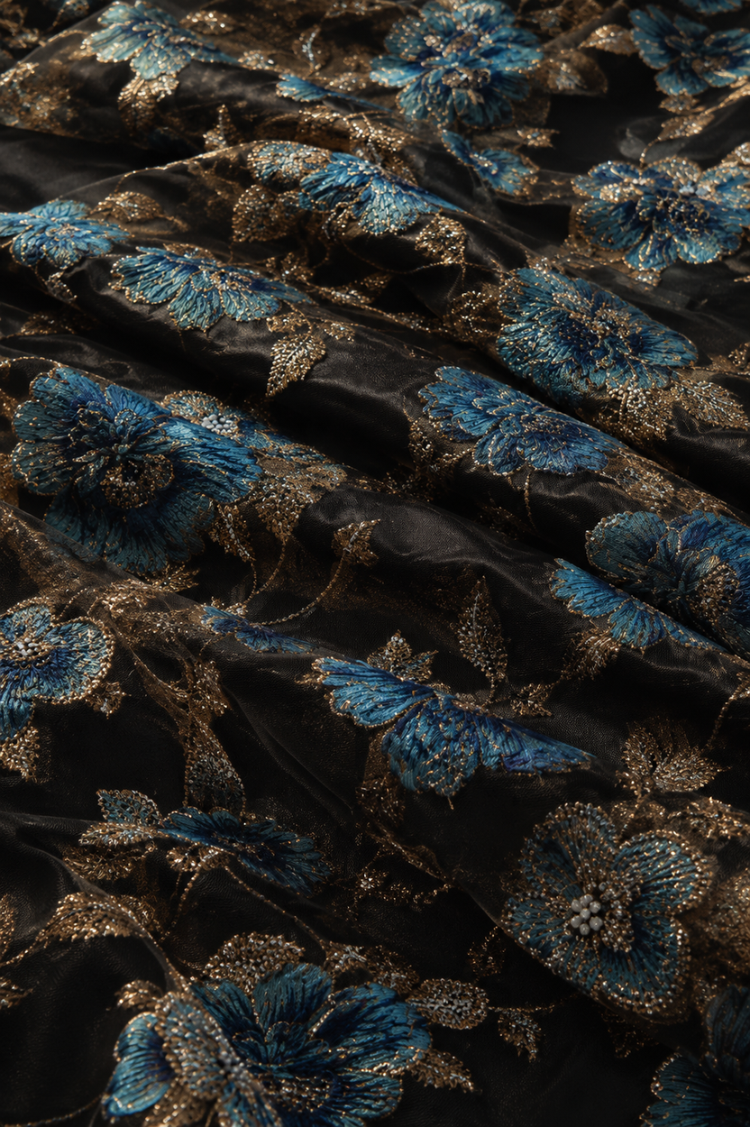 Black floral unstitched material with gold accents