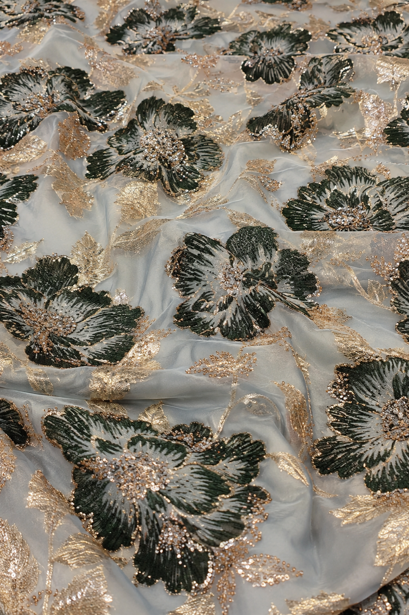 Green floral unstitched material with gold accents