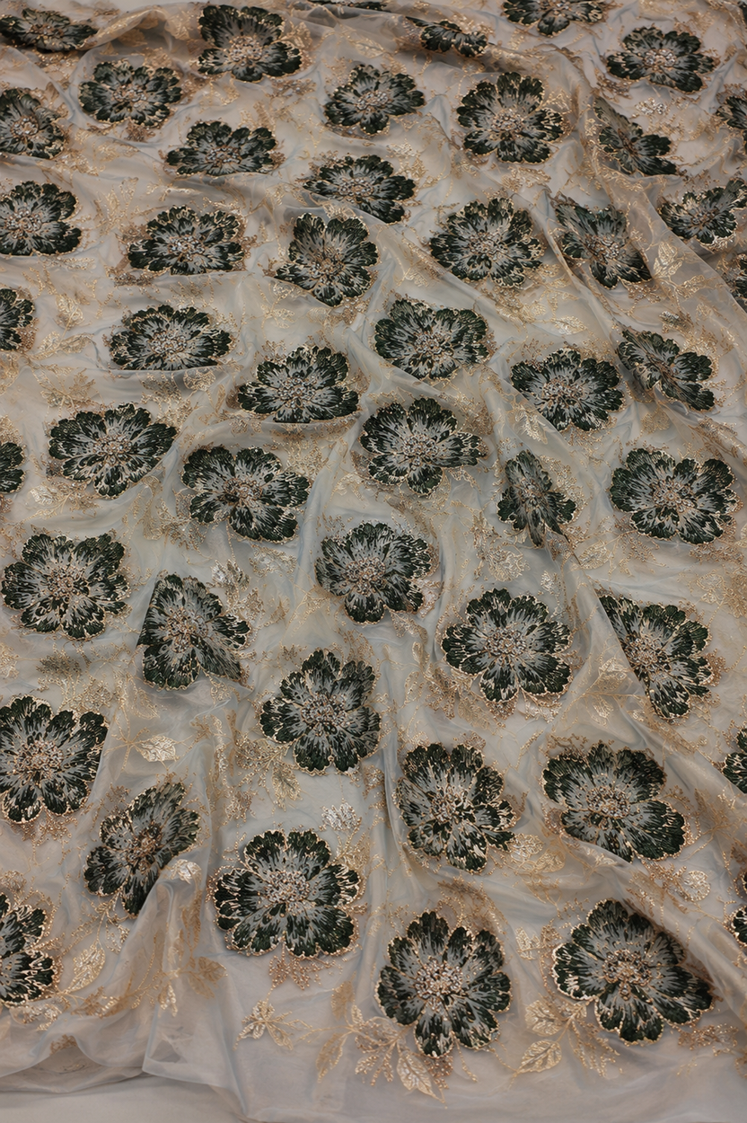 Green floral unstitched material with gold accents