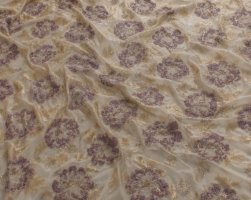 Lilac floral unstitched material with gold accents