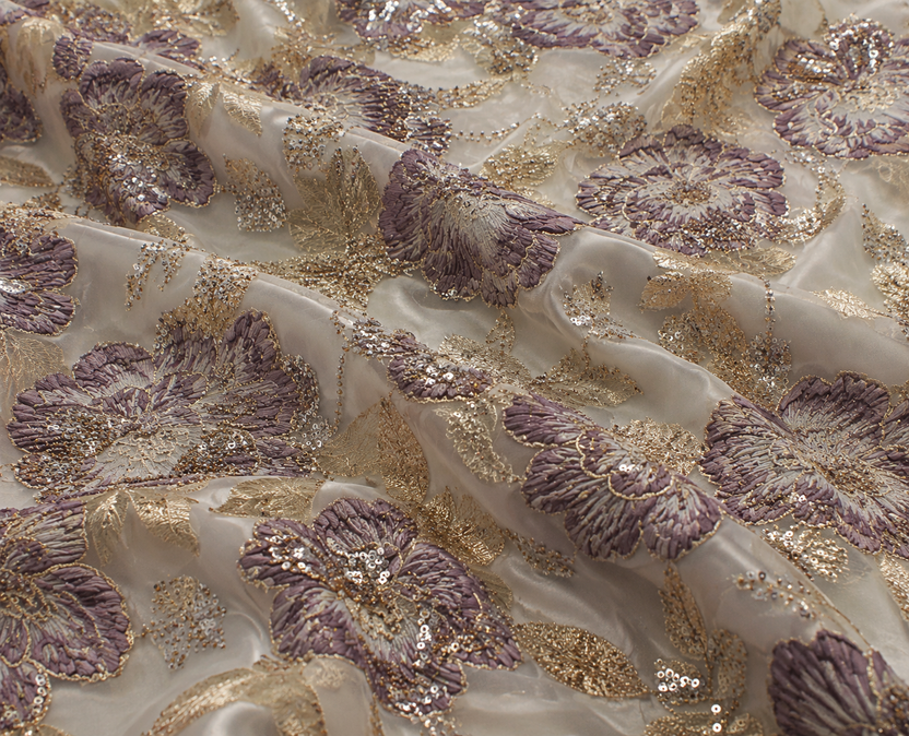 Lilac floral unstitched material with gold accents