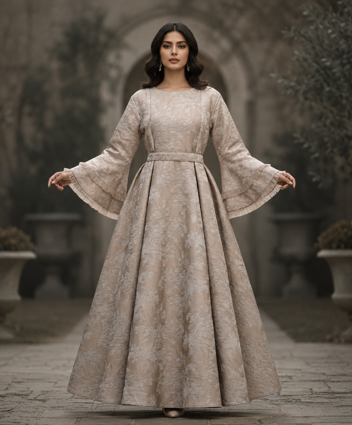 Vintage Blush Embelished Gown with bell sleeves