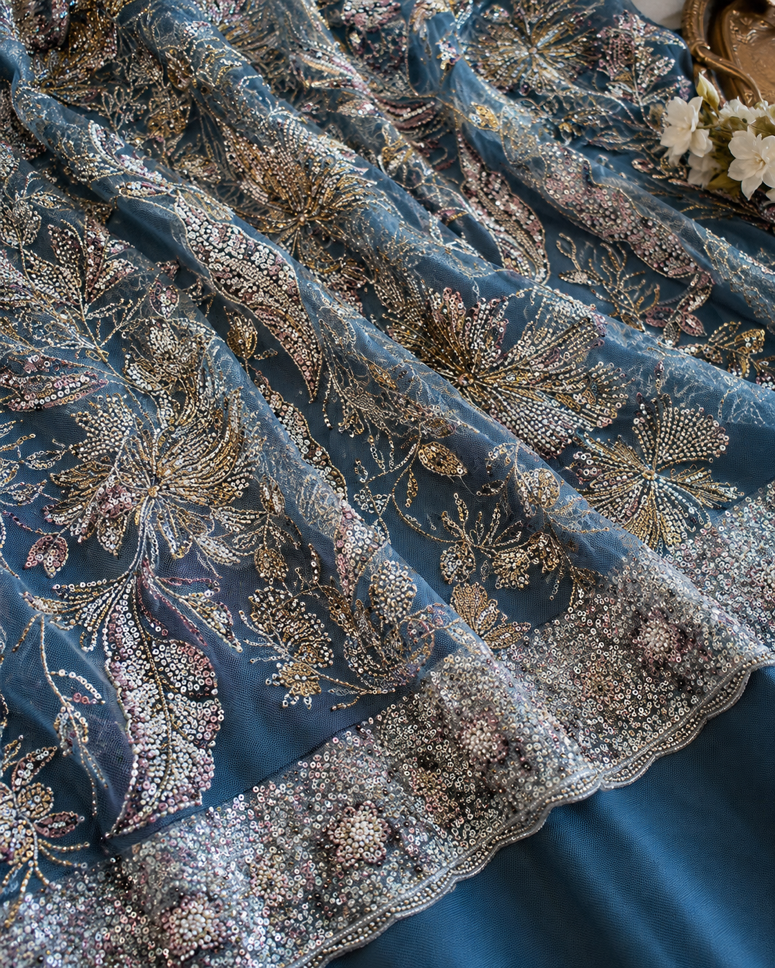 Blue sequined and beadwork unstitched material