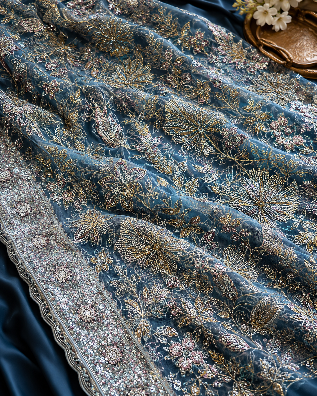 Blue sequined and beadwork unstitched material