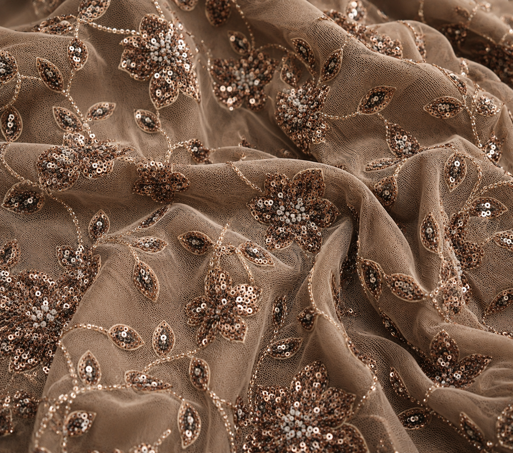brown floral embellished unstitched material | Pre-order