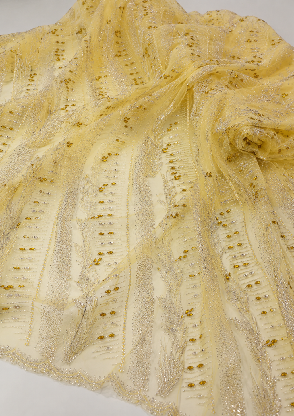 Yellow lace embellished unstitched material | Pre-order