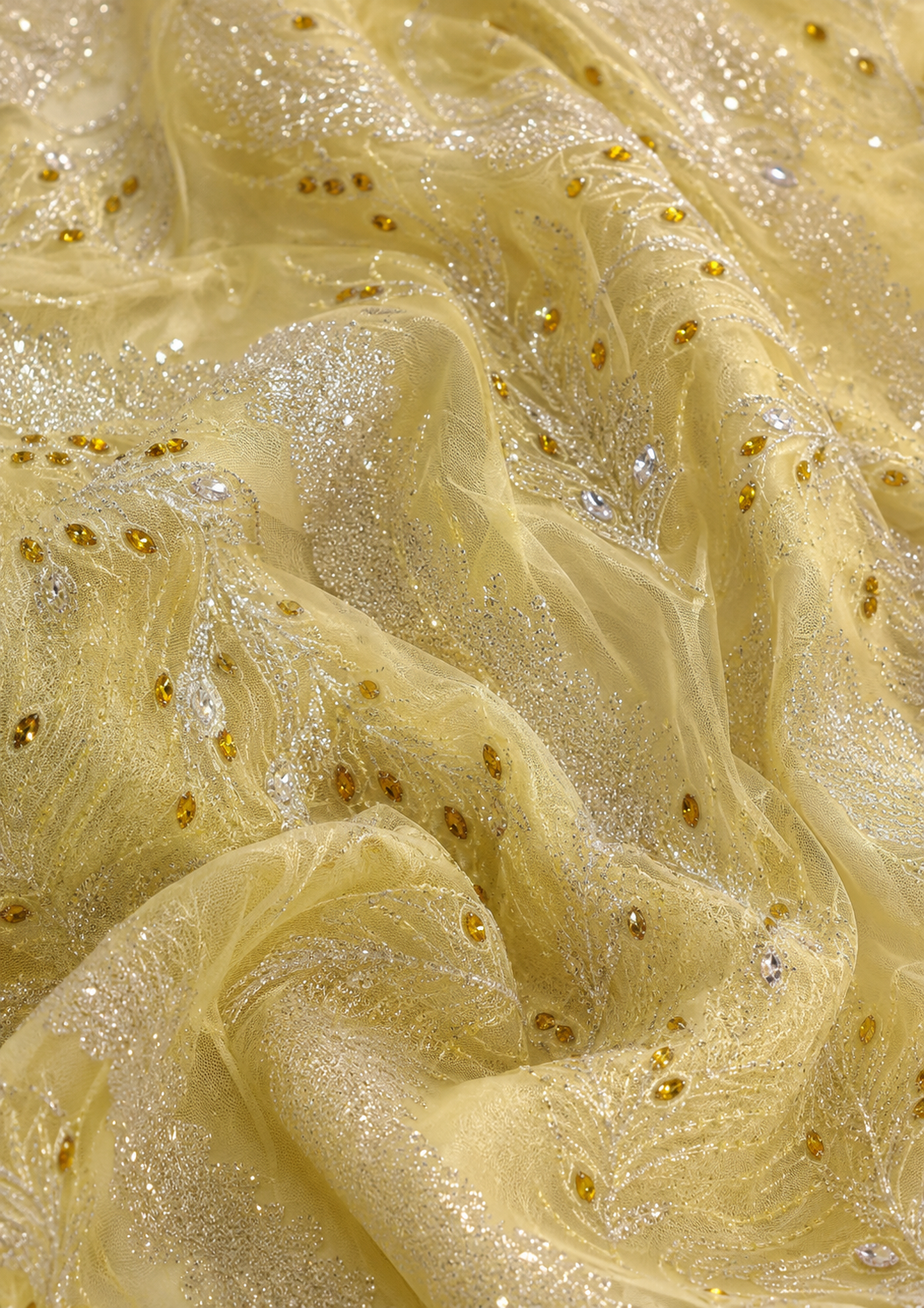 Yellow lace embellished unstitched material | Pre-order