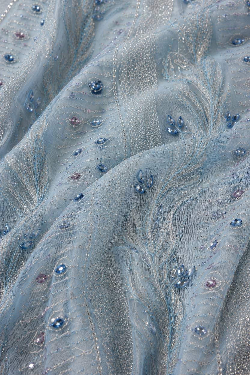 Light blue lace embellished unstitched material | Pre-order