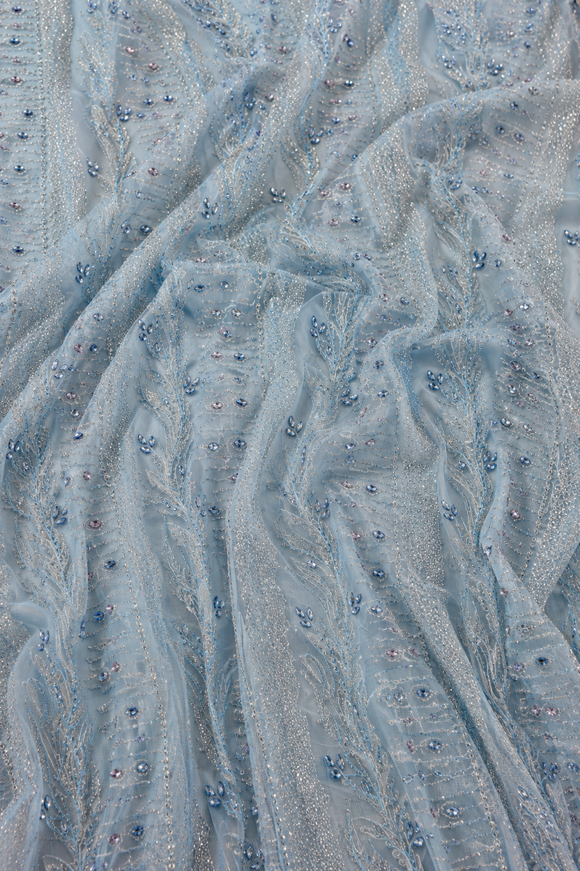 Light blue lace embellished unstitched material | Pre-order
