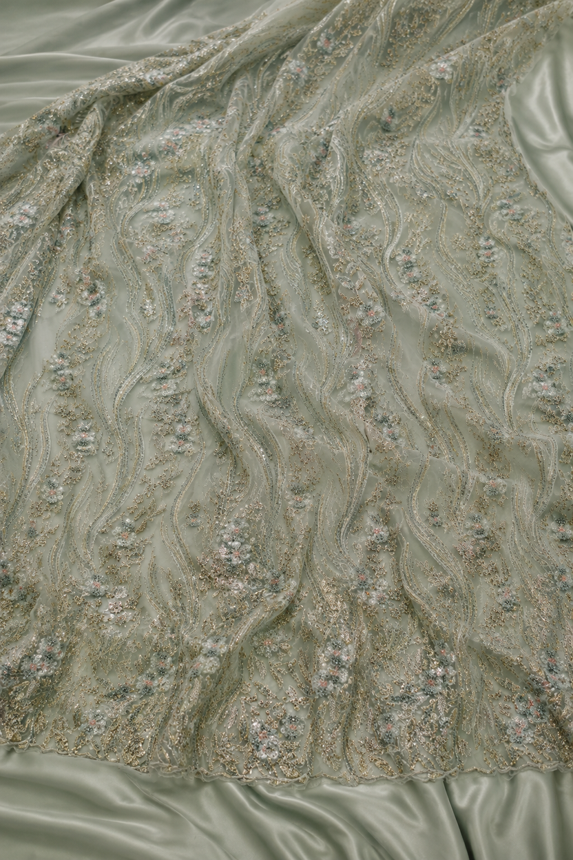 Sage green floral vine unstitched material | Pre-order