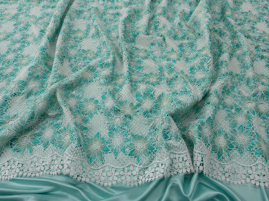 blue green flower unstitched material | Pre-order