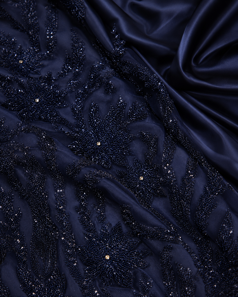 Navy blue beaded lace unstitched material | Pre-order